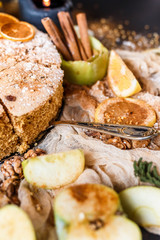 Biscuit apple pie with cinnamon, citron, oriental spices and sugar powder on dark background