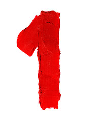 Isolated handwritten number one made of smudged red lipstick on white background. Digit 1