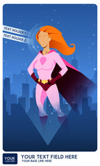 Female superhero watch over a city. cartoon or comic characters wearing tight-fitting costumes and capes Colorful flat vector illustration