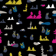 Seamless illustration of bright forest, rocks, trees and animals. Vector pattern in black, olive, pink, yellow in white.