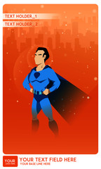 Male superhero watch over a city. cartoon or comic characters wearing tight-fitting costumes and capes Colorful flat vector illustration. Poster template type.