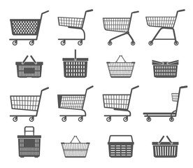 Set of shopping trolleys and shopping baskets. Isolated on white background. Black and white. Vector illustration.