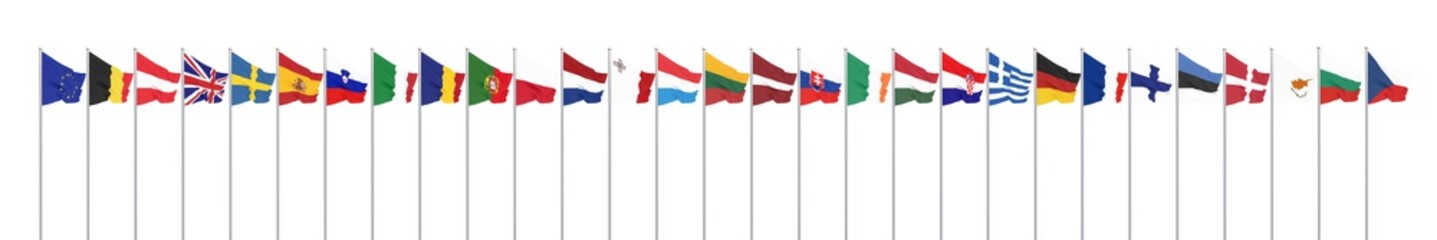 Silk waving 28 flags of countries of European Union. Isolated on white. 3D illustration. - Illustration