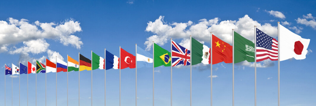 Waving Flags Countries Of Members Group Of Twenty. Big G20 In Japan In 2020 . Blue Sky Background. 3d Rendering.  Illustration.