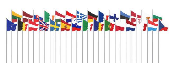 Obraz premium Silk waving 28 flags of countries of European Union. Isolated on white. 3D illustration. - Illustration