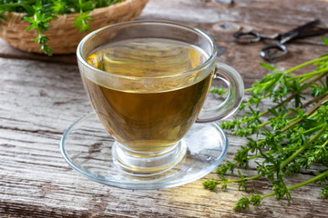 A cup of bedstraw tea with fresh bedstraw twigs