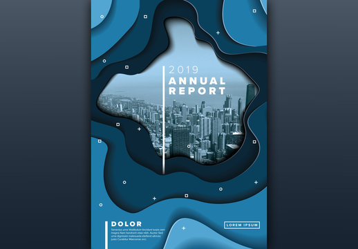 Annual Report Cover Layout with Blue Cutout Elements