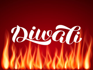 Diwali holiday lettering, Vector illustration with flame
