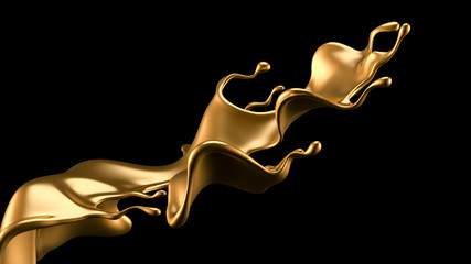 Elegant, luxury splash of gold liquid. 3d illustration, 3d rendering.