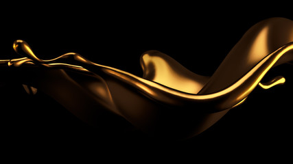 Elegant, luxury splash of gold liquid. 3d illustration, 3d rendering.