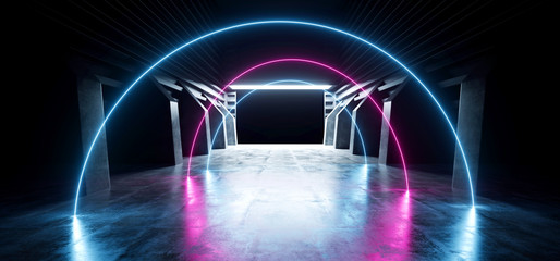 Neon Arc Purple Blue Glowing Futuristic Modern Sci Fi Concrete Hallway Corridor Tunnel Warehouse Underground Garage Grunge Dark Empty Reflection Showcase Stage Laser Spaceship 3D Rendering
