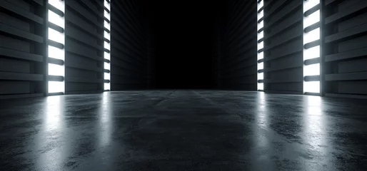 Futuristisches modernes Sci-Fi Betonflur Korridor Tunnel Lager Tiefgarage Grunge dunkel leer Reflexion Vitrine Bühne weiß blau leuchten Raumschiff 3D-Rendering © IM_VISUALS