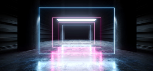 Sci Fi Neon Purple Blue Futuristic VIbrant Fluorescent Alien Spaceship Virtual Warehouse Hallway  Underground Concrete Grunge Entrance Laser Glow Studio Empty Dark Space 3D Rendering