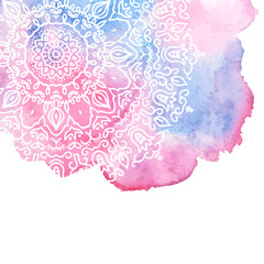 Watercolor paint background with white hand drawn round doodles and mandalas. design of backdrop