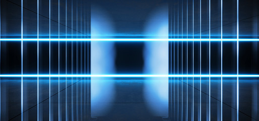 Psychedelic Abstract Futuristic Neon Fluorescent Sci Fi Vibrant Blue Glow Laser Showcase Stage Dark Room Retro Modern Virtual Background Spaceship Corridor Tunnel Shapes 3D Rendering