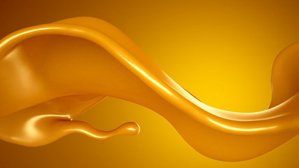 Splash of caramel on a yellow background. 3d illustration, 3d rendering.