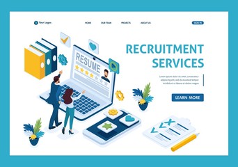 Isometric HR Manager, Service to find employees, managers consider candidates, applicants. Template Landing page