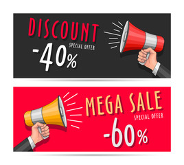 Discount flyers for sale with loudspeaker illustration