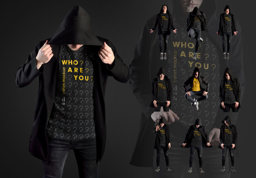 11 T-Shirt Mockups of a Young Adult in a Black Hooded Sweatshirt