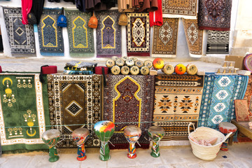 Colorful Carpets for Sale in Kairouan, Tunisia.