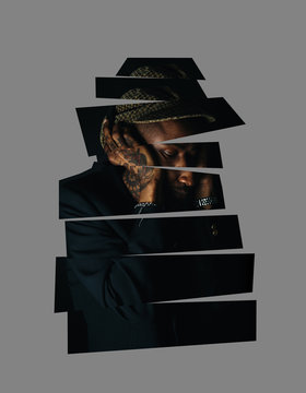 Digitally manipulated portrait of a cool black man wearing black clothing and cap.