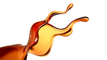 Splash of transparent brown liquid on a white background. 3d illustration, 3d rendering.