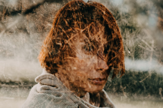 Double exposure portraits of a young woman