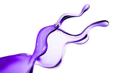 Splash of purple transparent liquid on a white background. 3d illustration, 3d rendering.