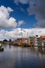 12 May 2019 Leiden, Netherlands, Traditional Dutch facades and canal street after heavy rain