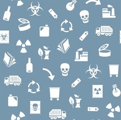 Fototapeta premium Waste, recycling, seamless pattern, blue, vector. Garbage collection, different types of waste. Vector, seamless background. White, flat icons on blue background. 