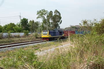 High Speed Electric train. Cargo train platform with freight train container at depot in port use for export logistics background. Passenger diesel train traveling speed railway wagons journey light