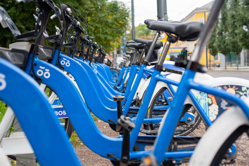 Bikes lined up for rent in Oslo, Norway