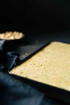 Vertical shot of pistachio shortbread in tray