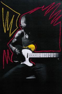 Low res mixed media print of a man playing electric guitar with chalk markings added