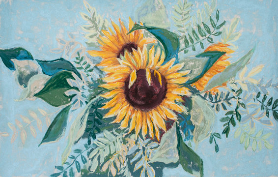 Pastel drawing of bouquet of sunflowers