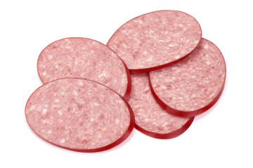 Sliced cold Salami, smoked sausage, close-up, isolated on white background