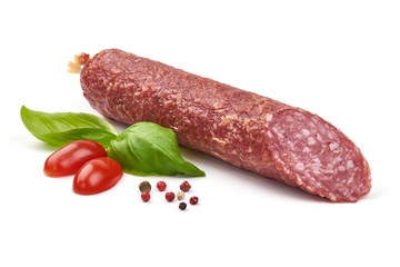 Salami Sausage Stick with basil, dried meat, close-up, isolated on white background