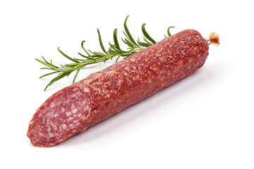 Salami Sausage Stick with rosemary, dried meat, close-up, isolated on white background