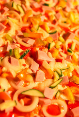 Pizza with tomatoes, onion and meat raw ingredients