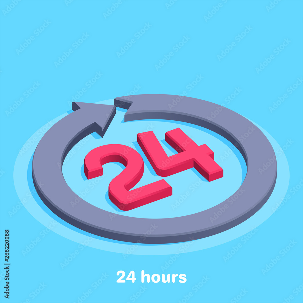 Poster isometric vector image on a blue background, the icon with the arrow and the number 24, around the c