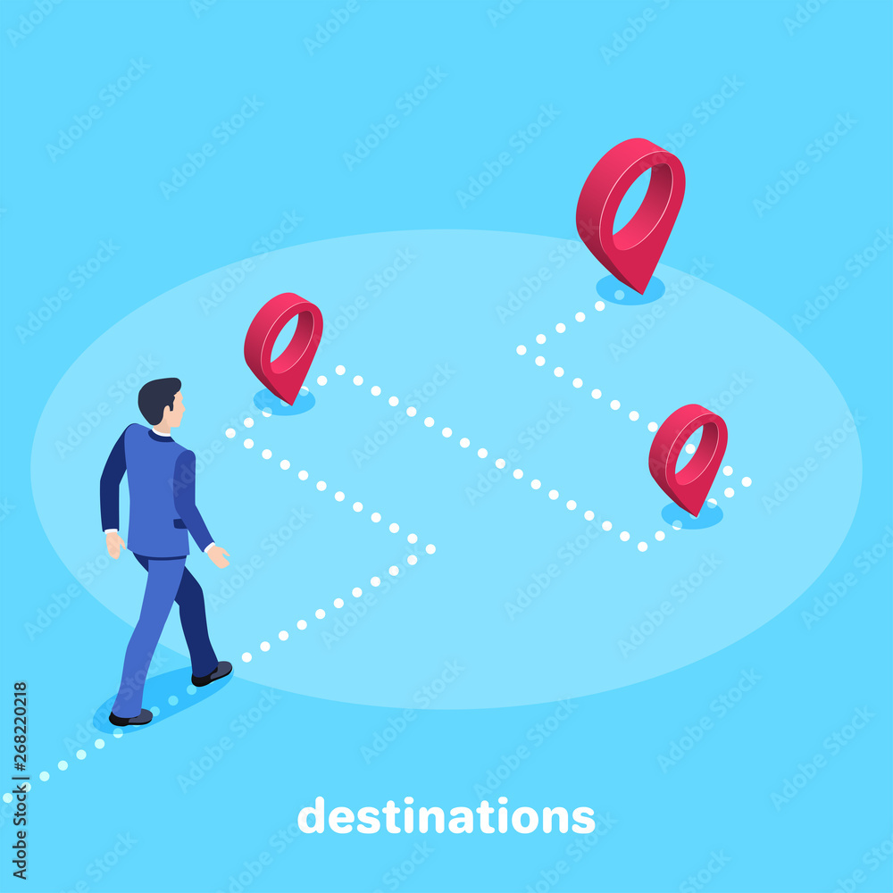 Poster isometric vector image on a blue background, a man in a business suit walks on the dotted line with 