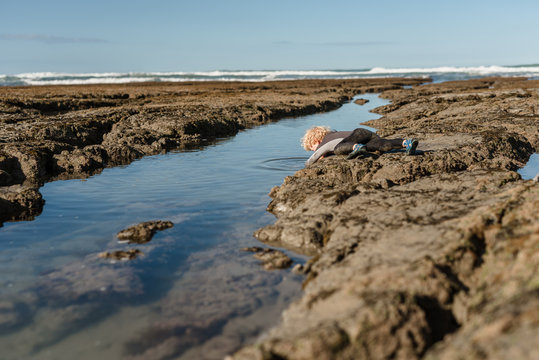 Young child reaching into tide pool