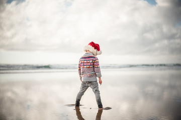 Rear view of boy wearing Santa hat standing on beach