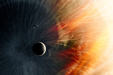 Solar flare near planet in space