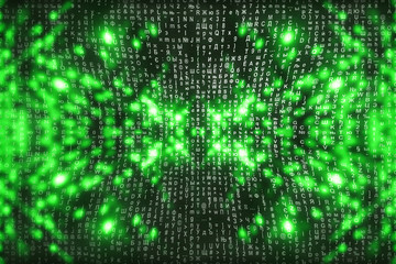 Green matrix digital background. Abstract cyberspace concept. Characters fall down. Matrix from symbols stream. Virtual reality design. Complex algorithm data hacking. Green digital sparks.