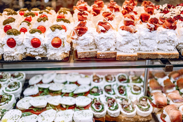 Mozzarella Brushetta or authentic traditional spanish tapas for lunch table