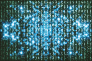 Blue green matrix digital background. Abstract cyberspace concept. Green characters fall down. Matrix from symbols stream. Virtual reality design. Complex algorithm data hacking. Cyan digital sparks.