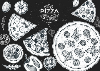 Italian pizza and ingredients top view frame. Italian food menu design template. Vintage hand drawn sketch, vector illustration. Engraved style illustration. Pizza label for menu.