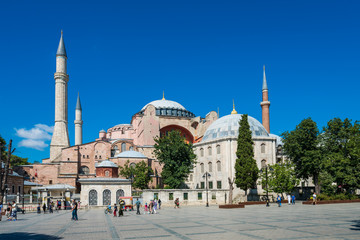 ISTANBUL, TURKEY - July 11 2017 : View to Hagia Sofia, beautiful historic landmark in Sultanahmet ...