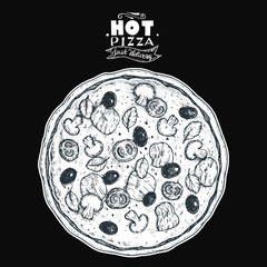 Italian Pizza hand drawn vector illustration. Packaging design template. Sketch illustration.